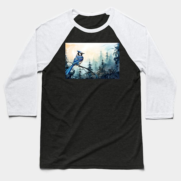 Misty boreal watercolor blue jay Baseball T-Shirt by etherElric